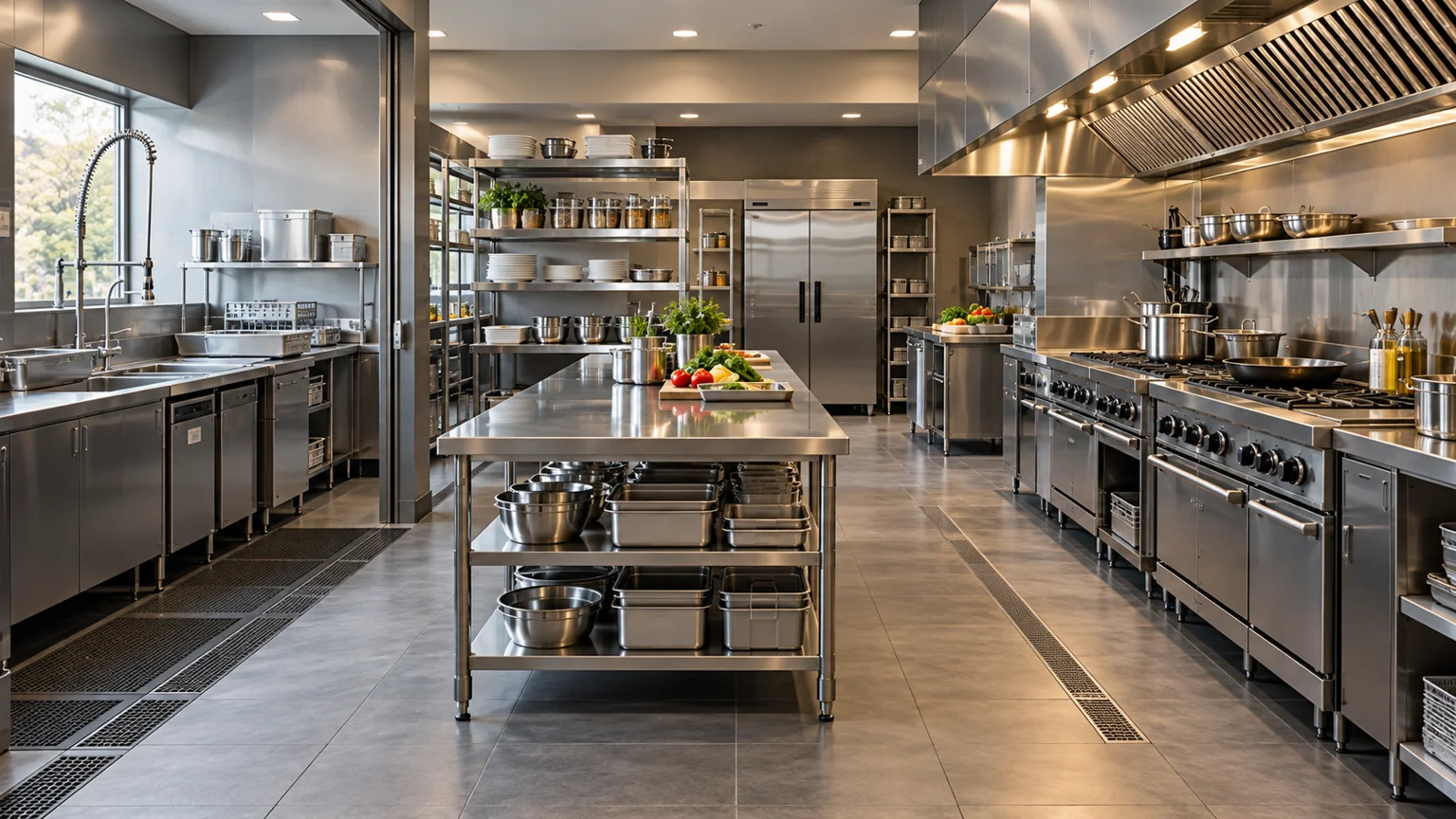 Illustrative concept of a stainless steel commercial kitchen layout